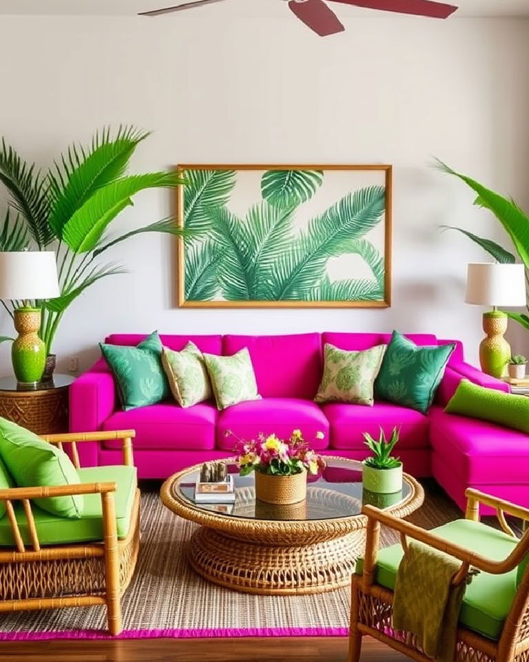 fuchsia couch with tropical decor