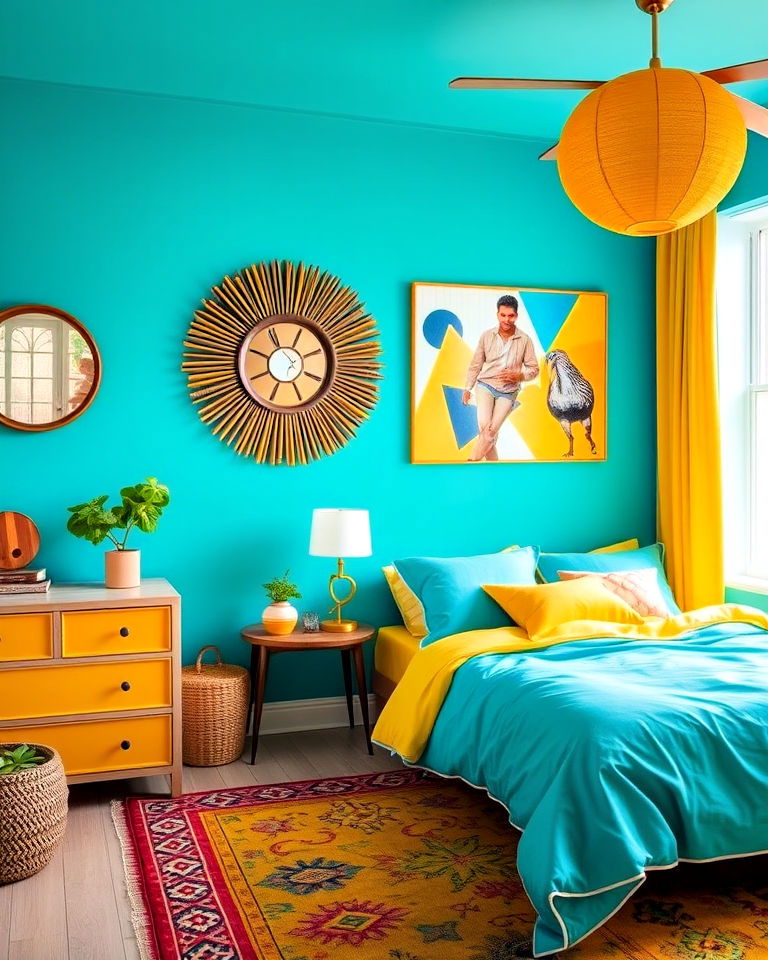 fun and energetic turquoise and yellow bedroom