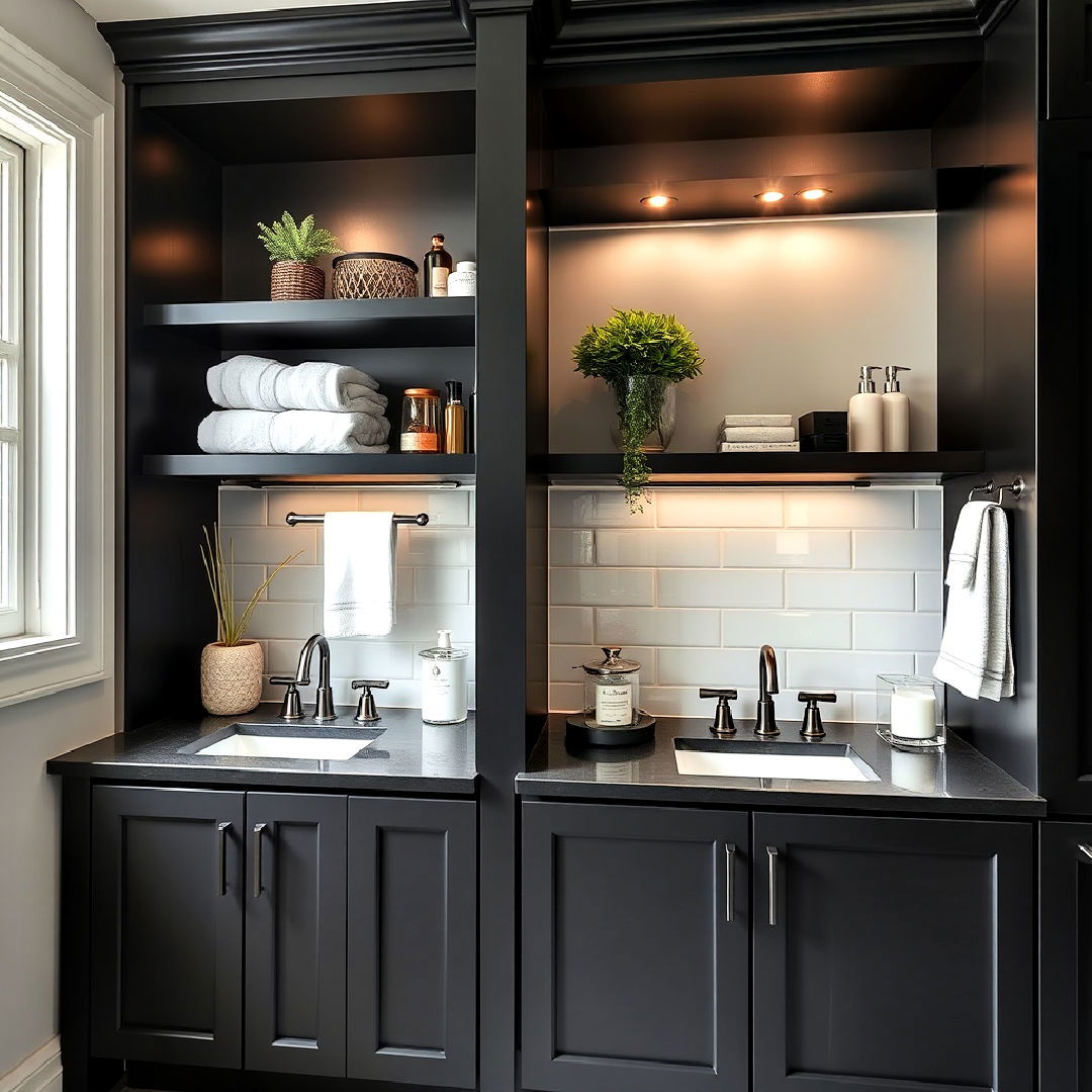 functional black cabinets with open shelving