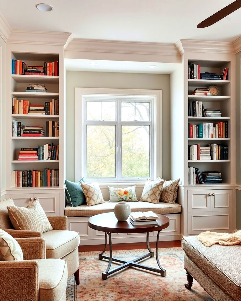 functional bookshelf with integrated seating