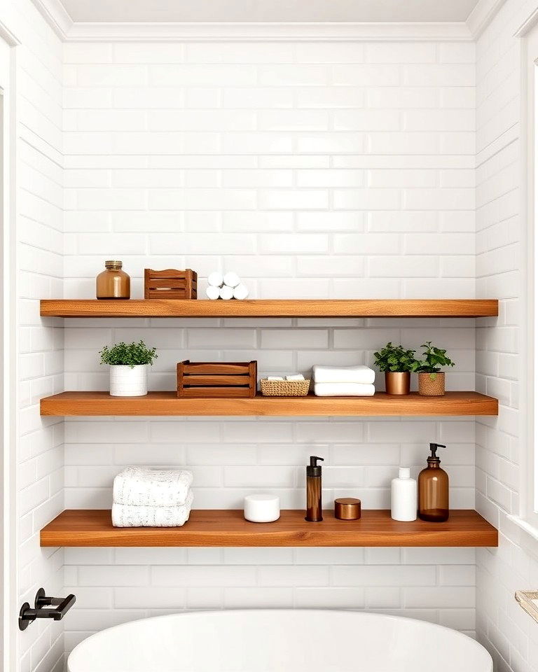 functional brown wooden shelves for your bathroom