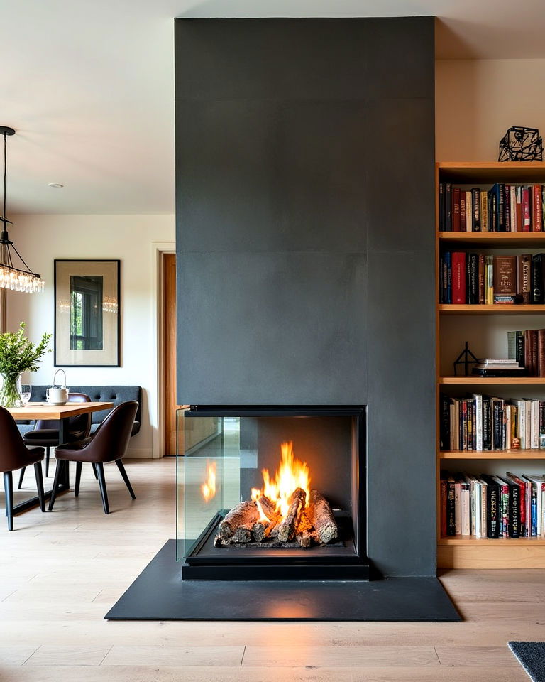 functional double sided fireplace with bookshelves