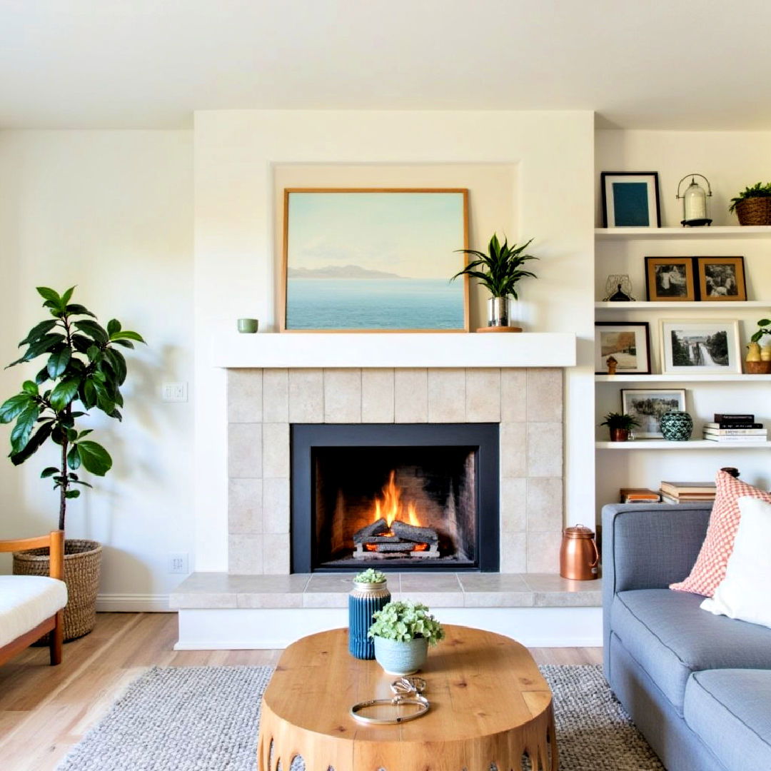 functional off center fireplace with built in bench