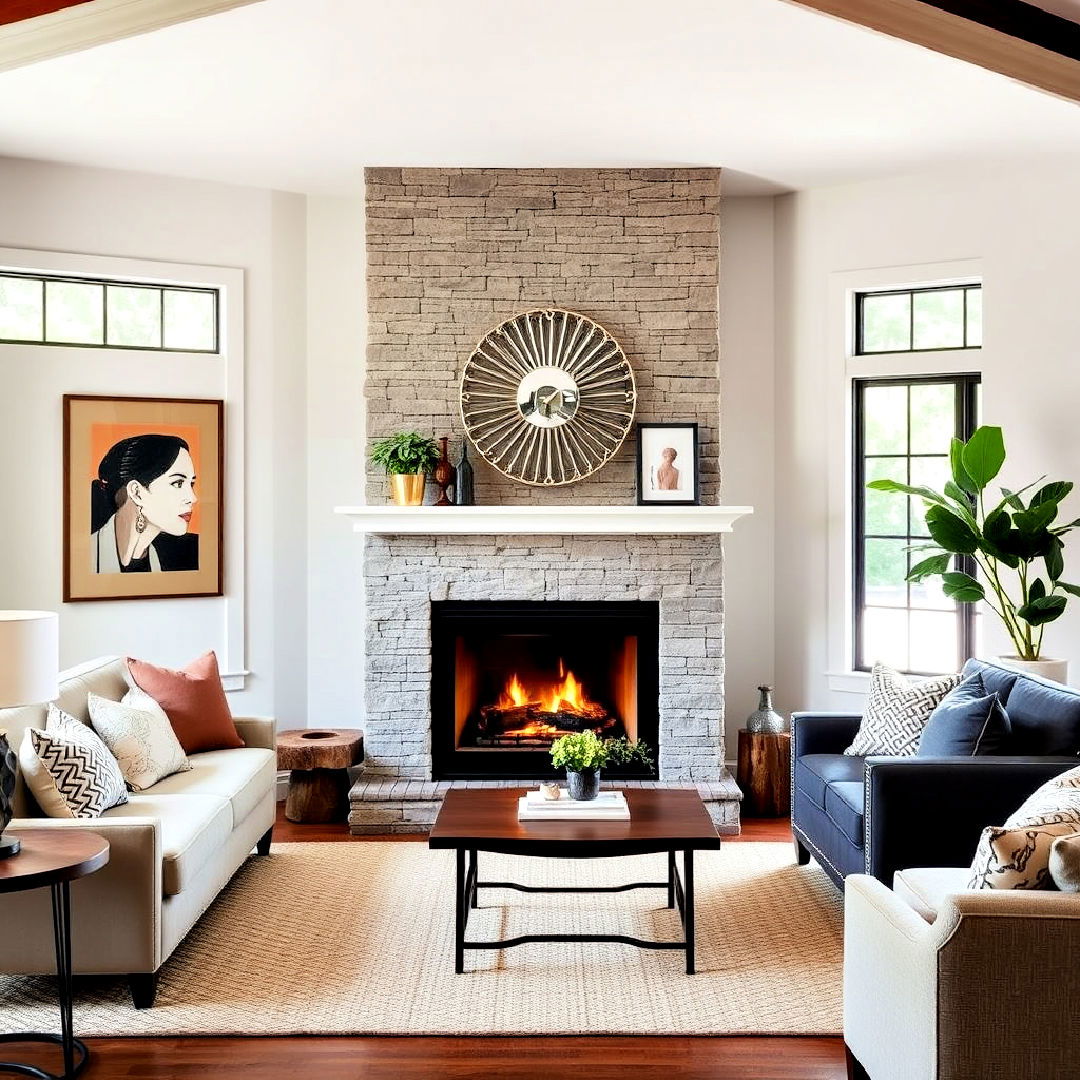 functional off center fireplace with corner seating