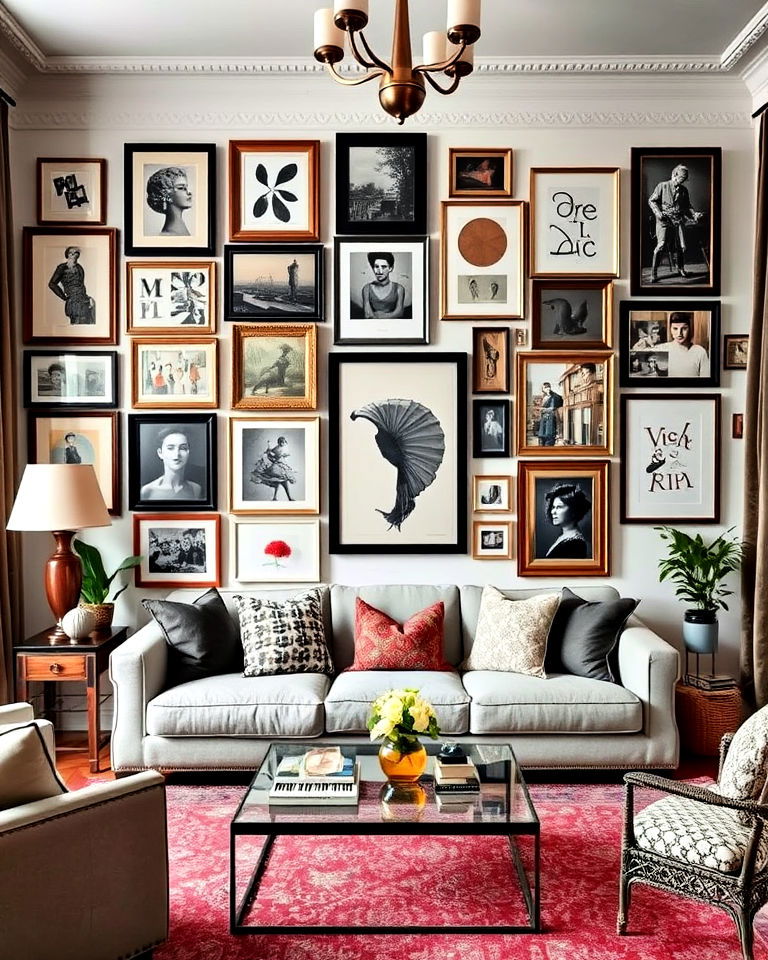 gallery wall filled with eclectic artwork