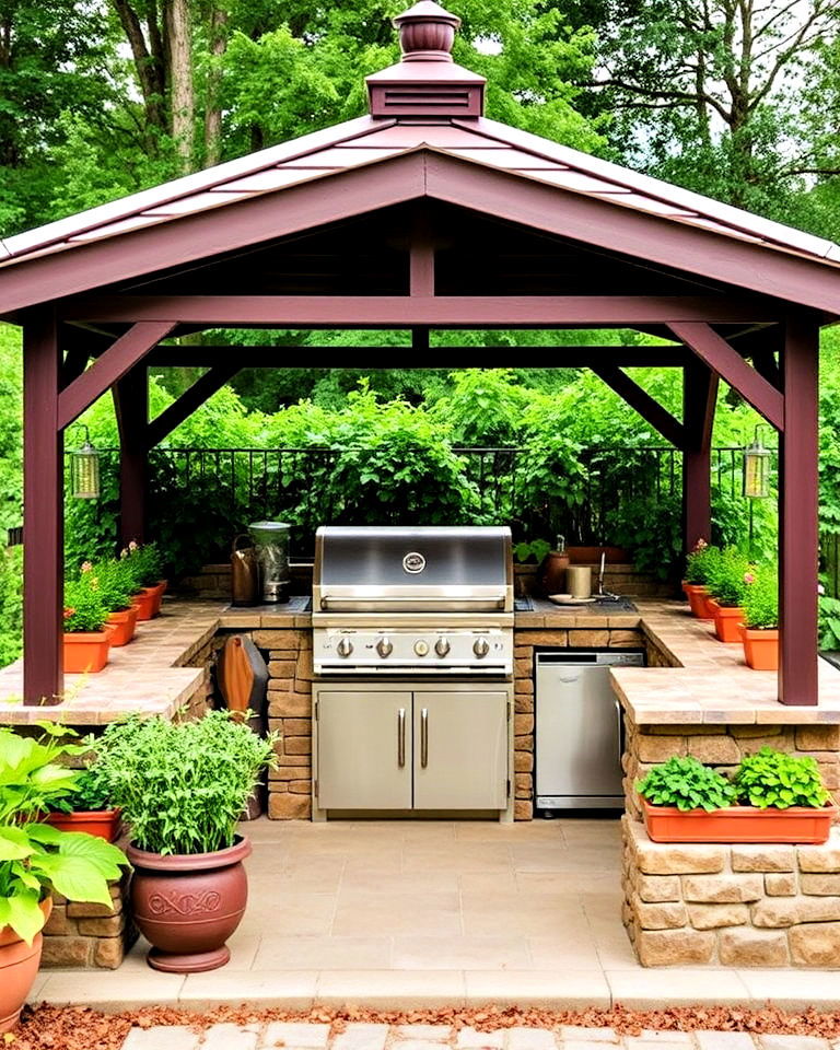 garden gazebo with herb planters and barbecue area