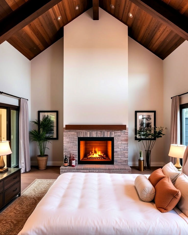 gas fireplace in a vaulted ceiling bedroom