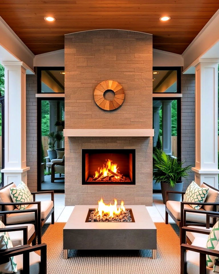 gas fireplace with a glass front for a porch