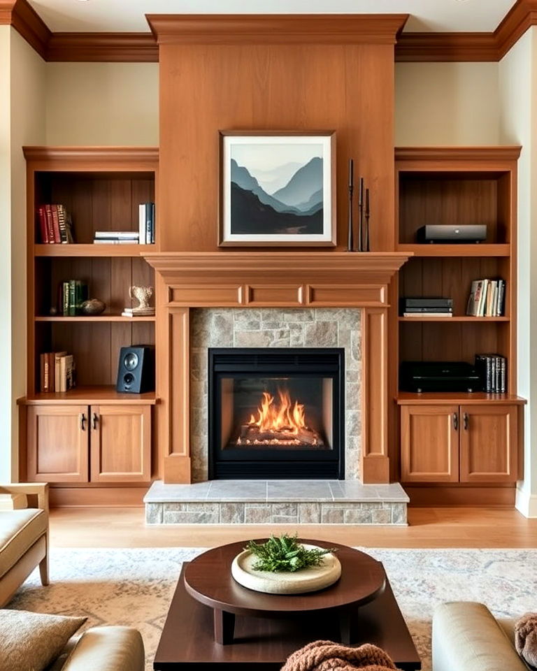 gas fireplace with built in shelving