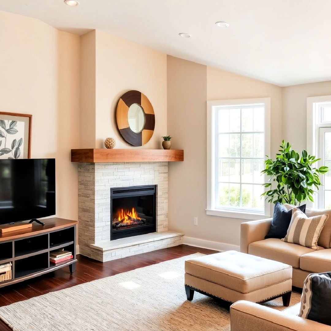 gas fireplace with wood beam mantel