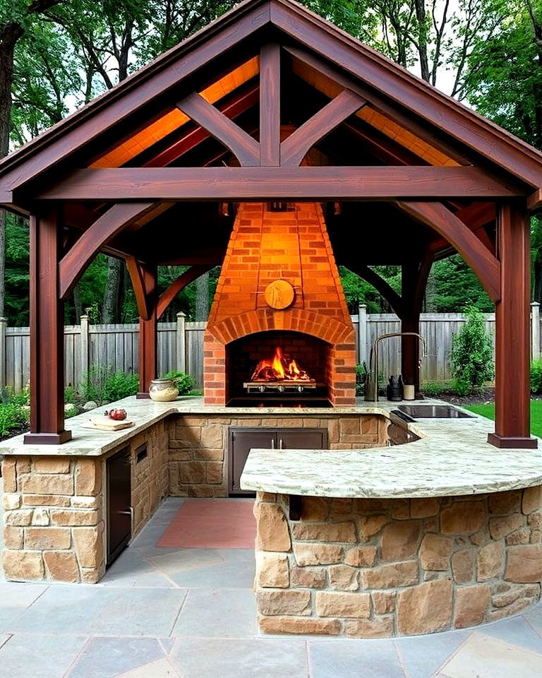 gazebo with stone counters and open brick oven