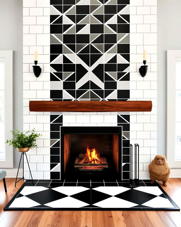 geometric black and white tile fireplace