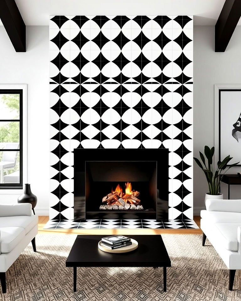 geometric black fireplace with white tile surround