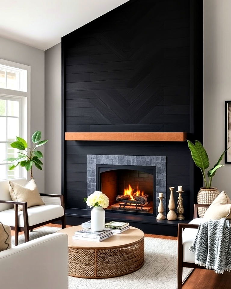 geometric black shiplap fireplace design