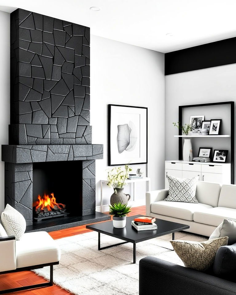 geometric black stone fireplace for a modern edge