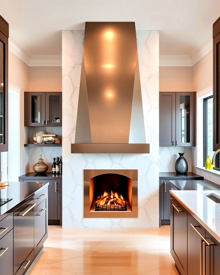 geometric fireplace in a stylish art deco kitchen