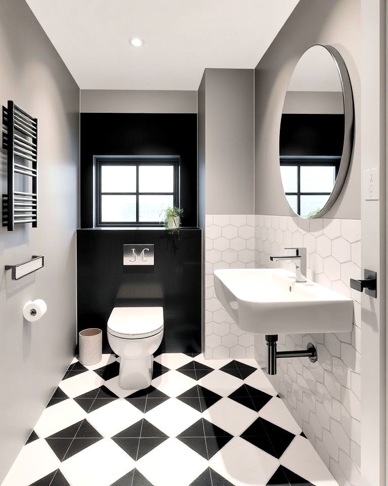 geometric floor tiles for apartment bathroom