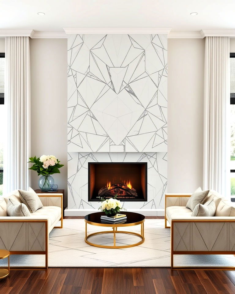 geometric pattern quartz fireplace surround