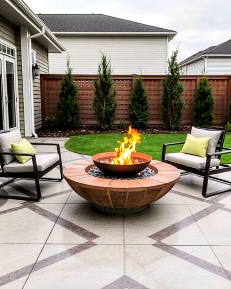 geometric patterned stamped concrete patio with a fire bowl