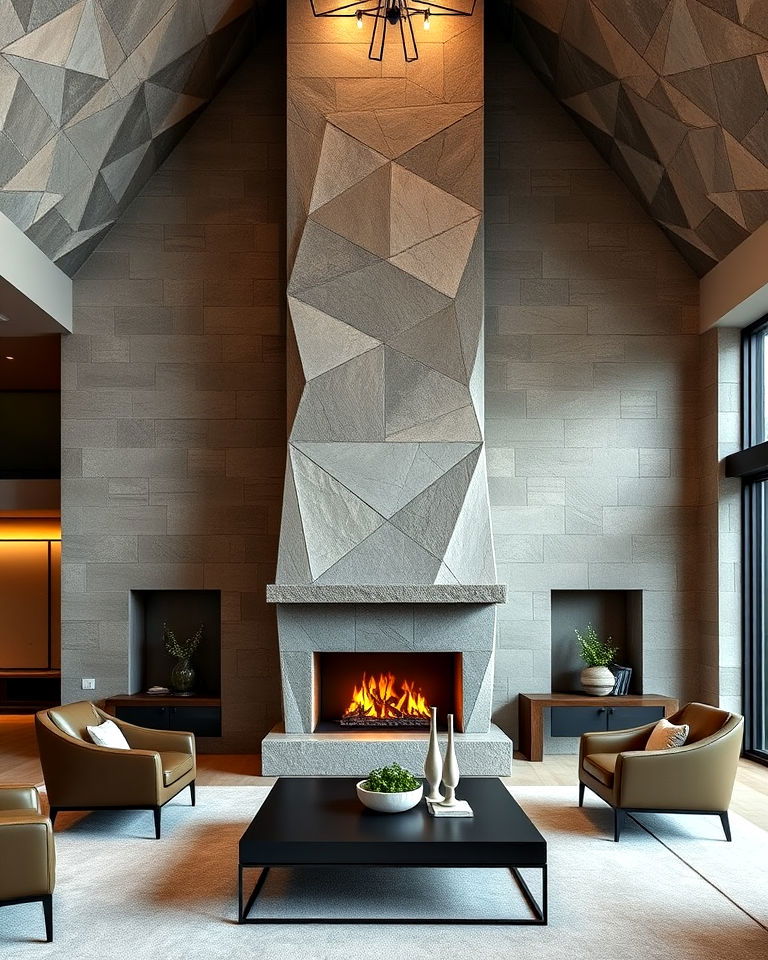 geometric stone fireplace with a floor to ceiling design