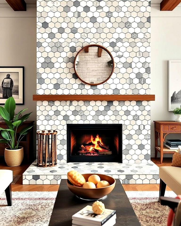 geometric tile fireplace surround