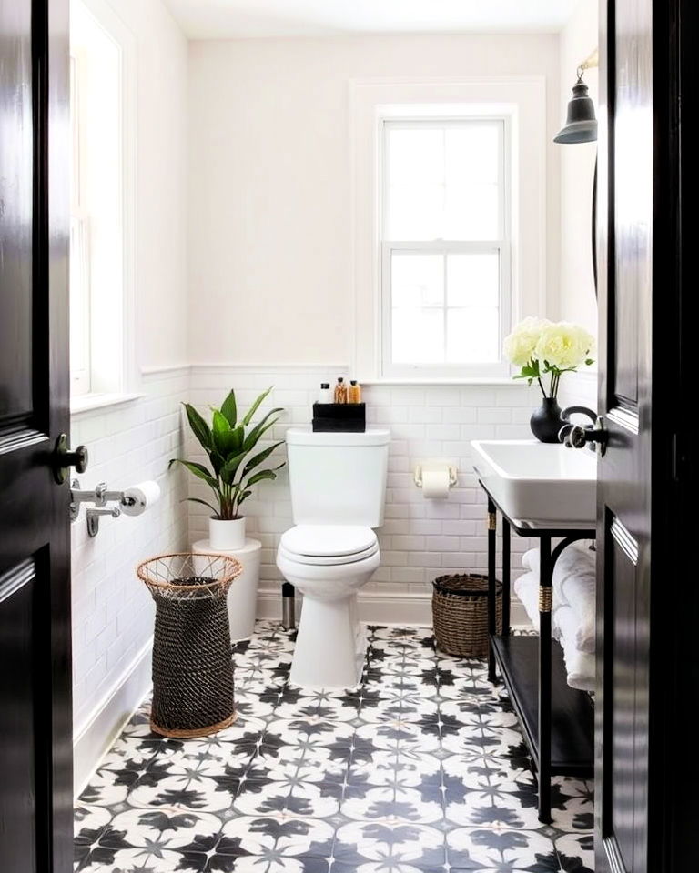 geometric tiled half bathroom flooring