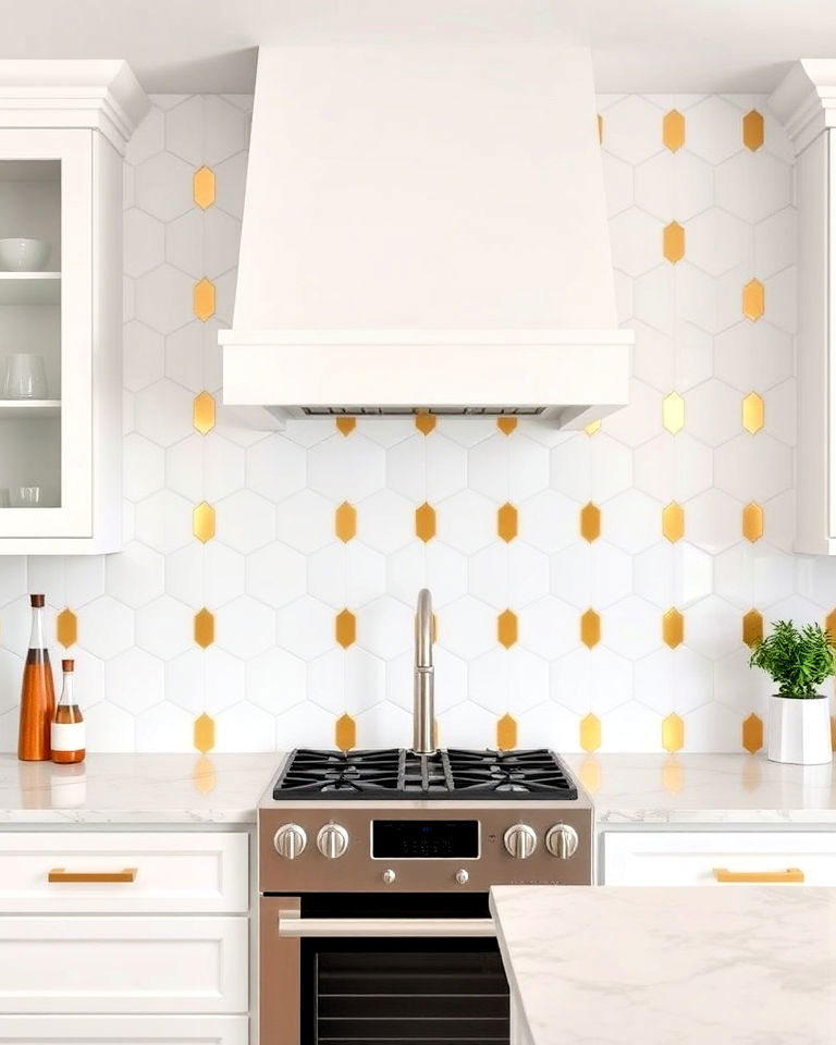 geometric white tiles with gold accents backsplash
