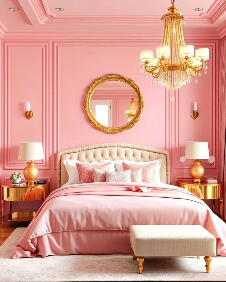 glamorous and elegant pink and gold bedroom