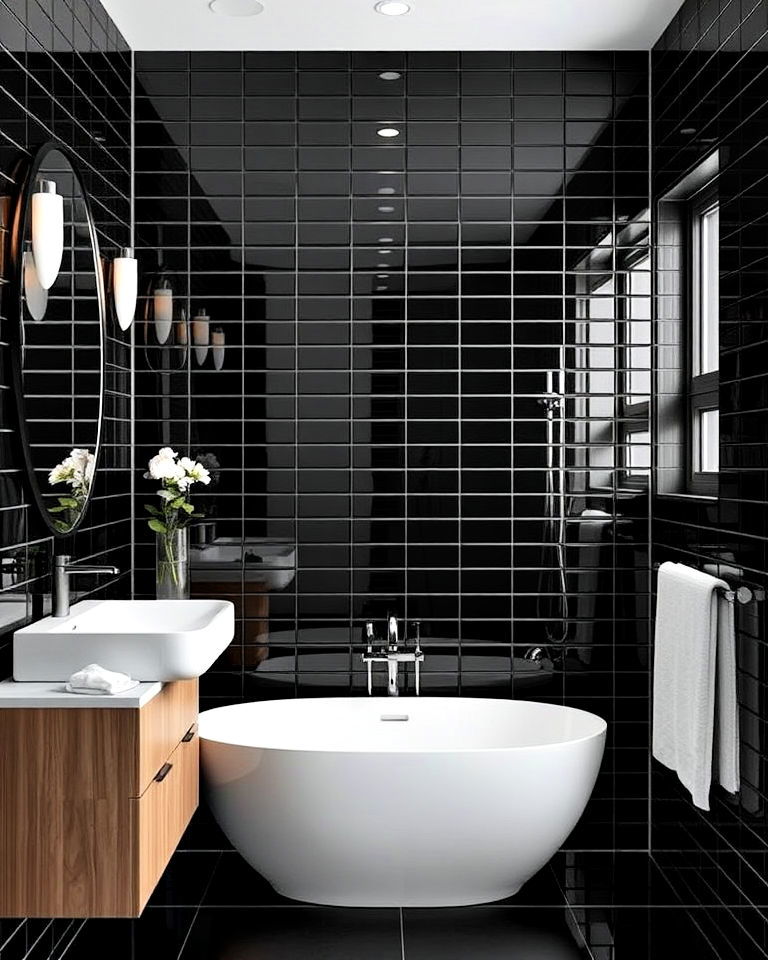 glamorous black glass tile bathroom walls