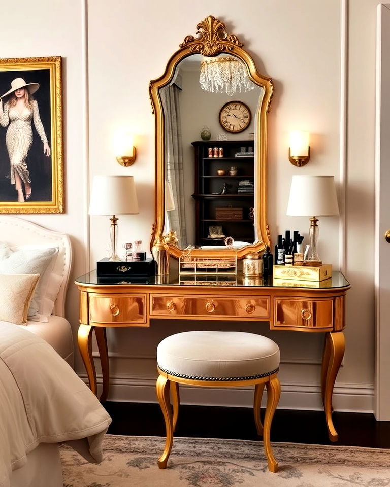 glamorous dressing table with gold accents