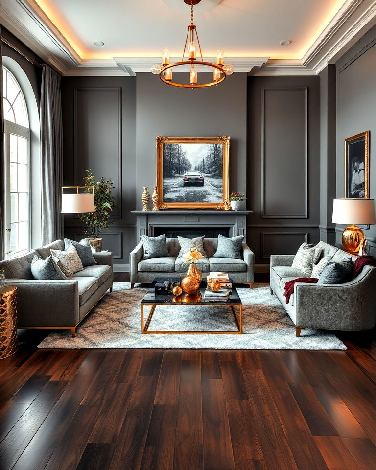 glamorous grey and gold living room with dark wood floor