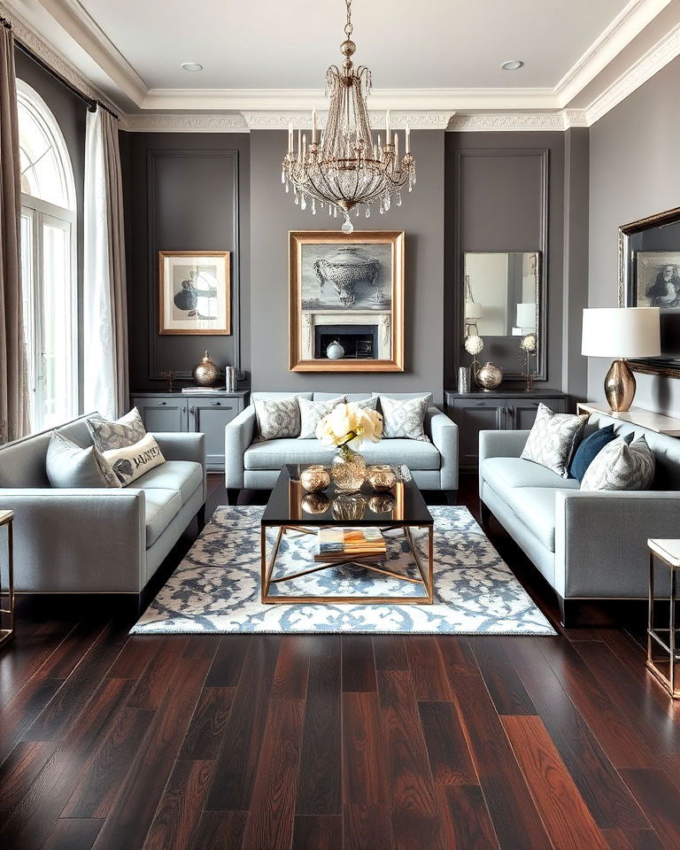 glamorous silver and grey living room with dark wood floor