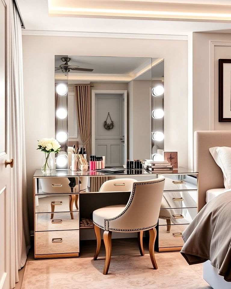 glamorous vanity area with a lighted mirror