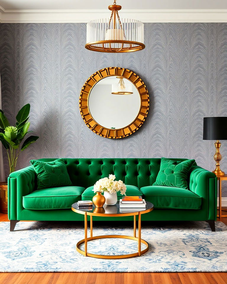 glamourous art deco inspired green and grey living room