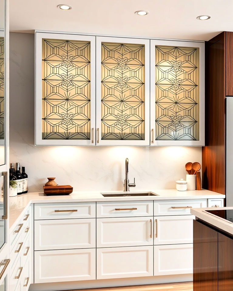 glass cabinets with bold geometric patterns