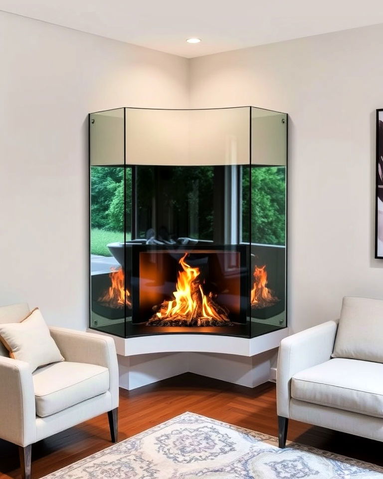 glass enclosed corner fireplace