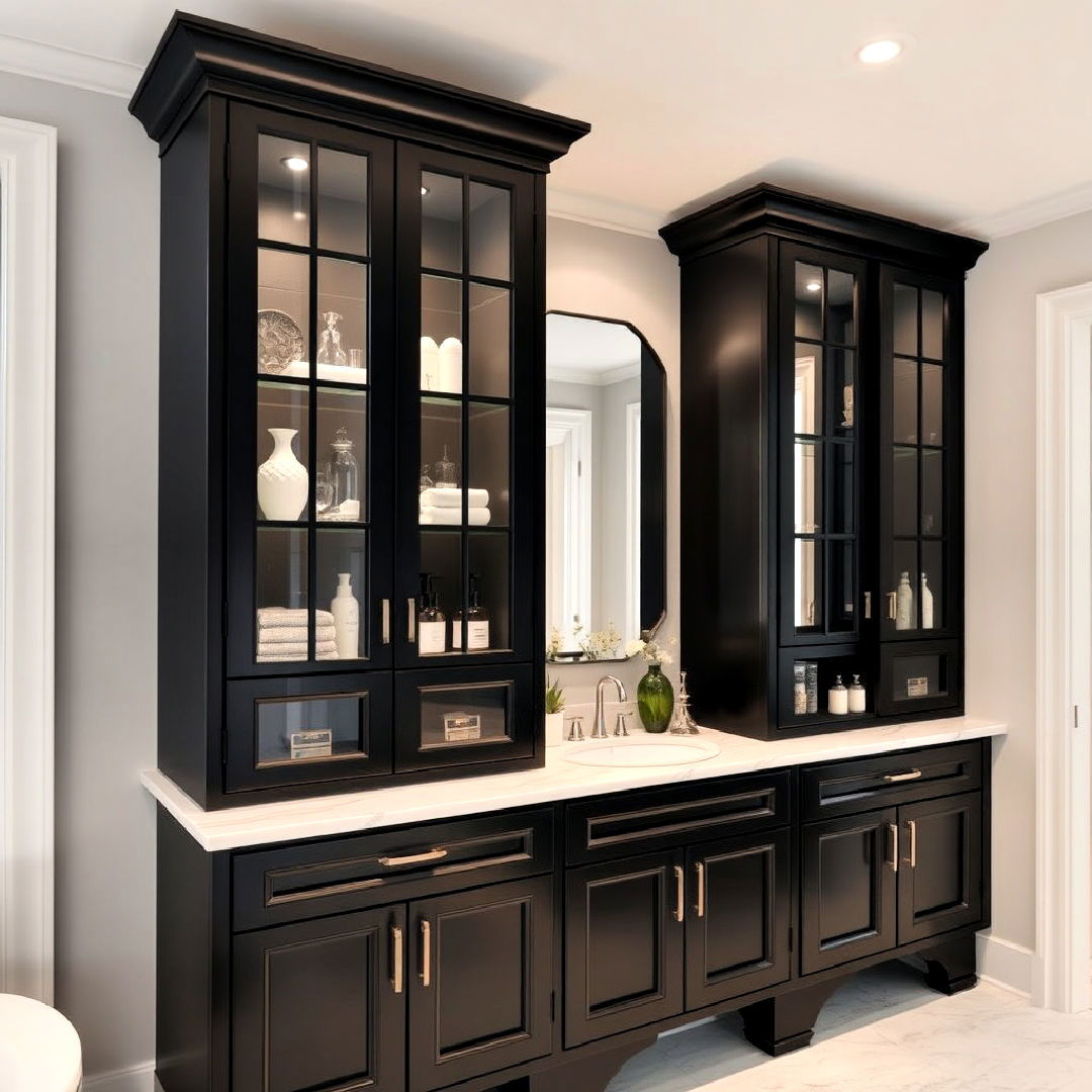 glass front black cabinets for bathroom