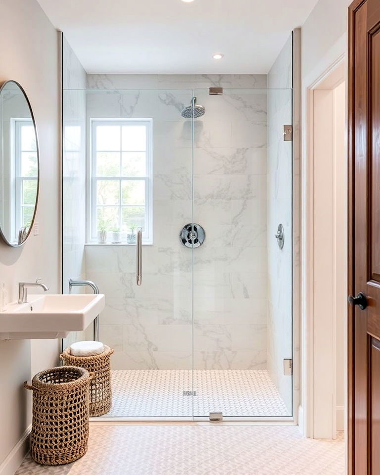 glass shower partitions for a hallway bathroom