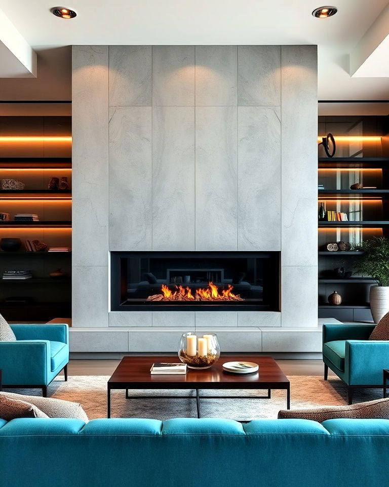 glass surround concrete fireplace