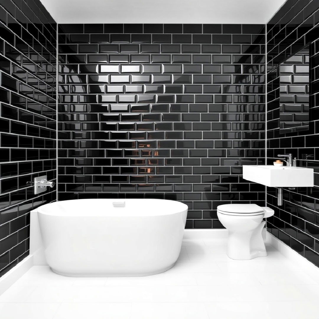 glossy black bathroom subway tiles