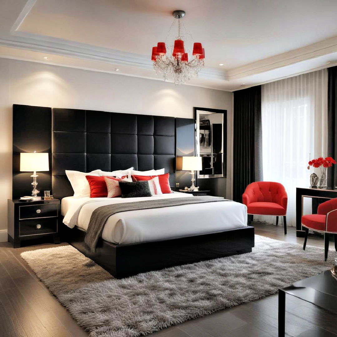 glossy black bedroom furniture with red and white details