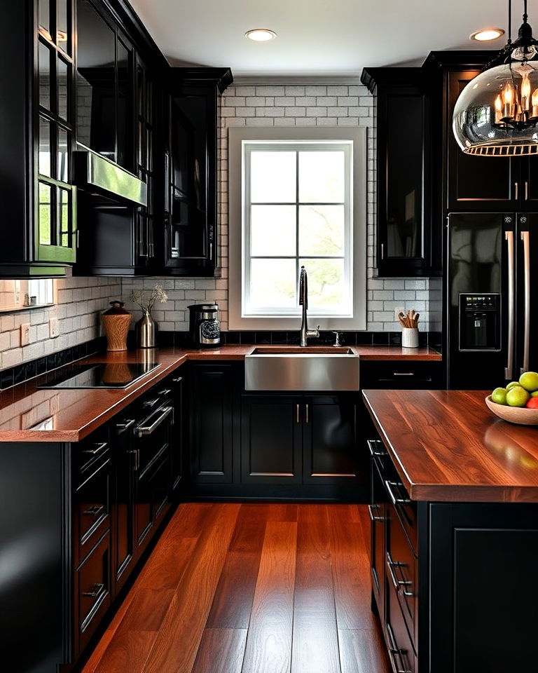 glossy black cabinets with dark wood countertop