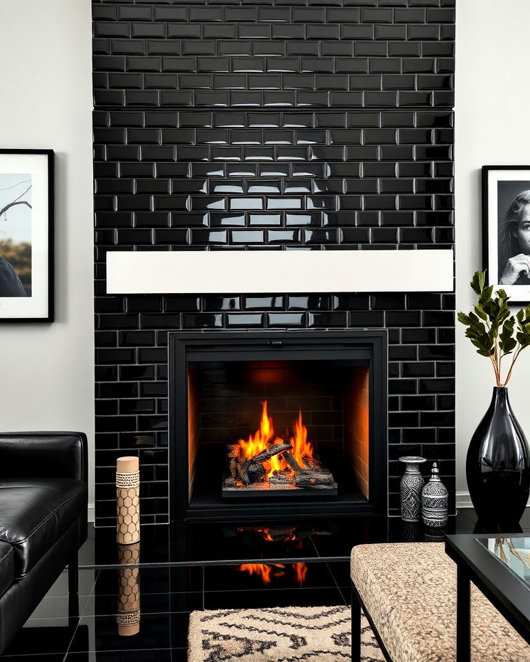 glossy black ceramic tiles surrounding a fireplace