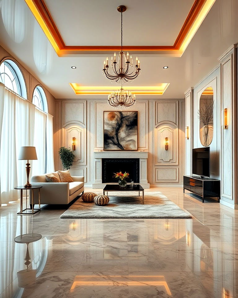 glossy floor for art deco living room
