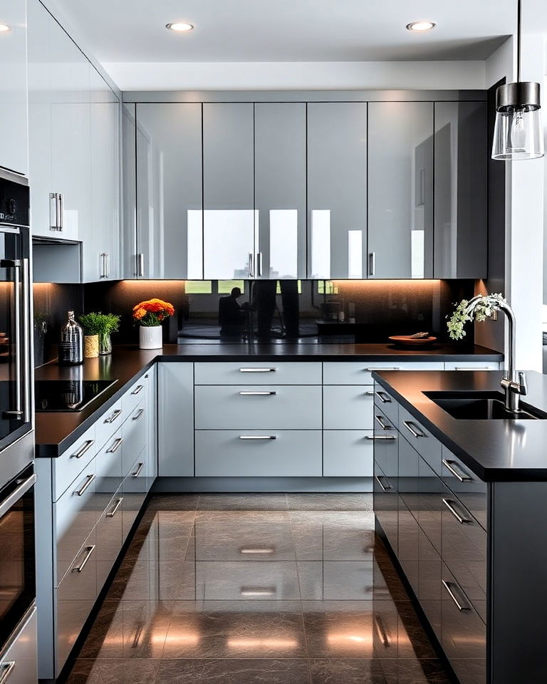 glossy gray cabinets with matte black countertop