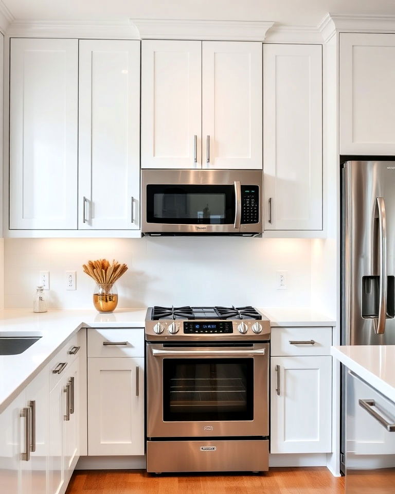 glossy white kitchen cabinets with stainless steel appliances