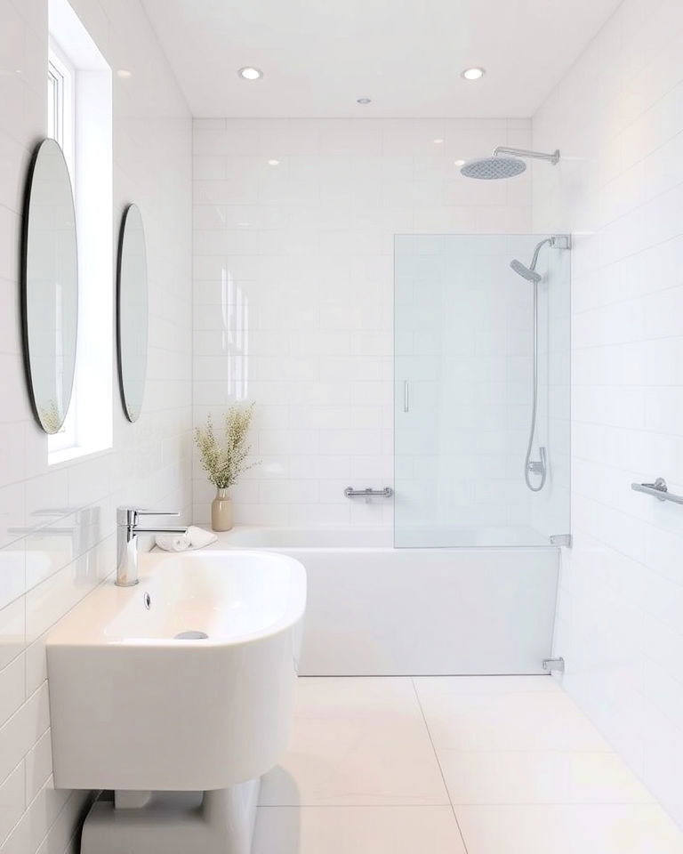 glossy white tiles bathroom for a sleek modern look