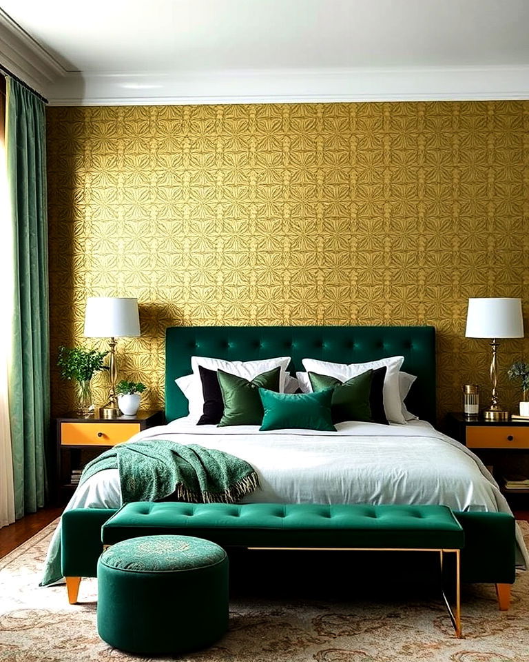 gold accent wall against emerald green bedroom