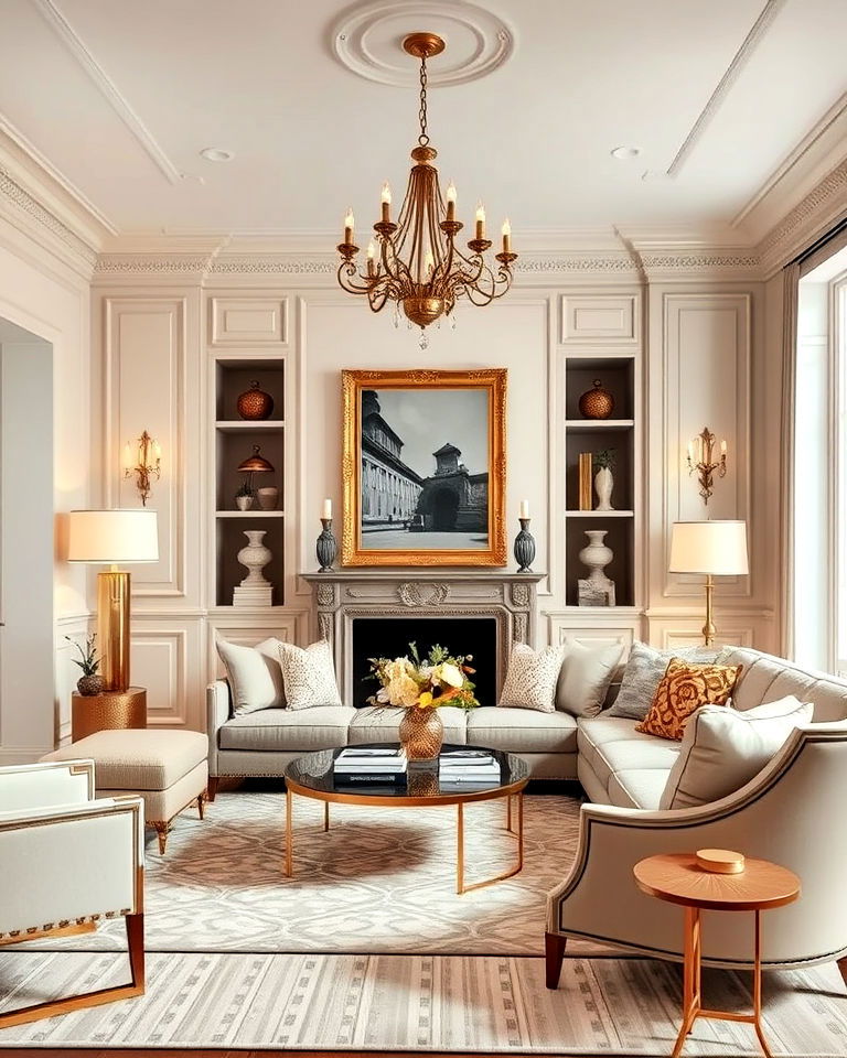 gold accents for parisian style living room