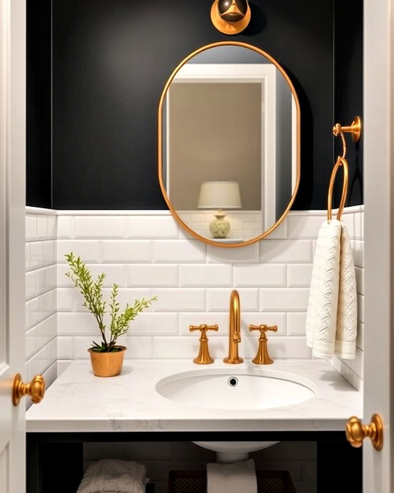 gold and brass fixtures for a glam half bathroom